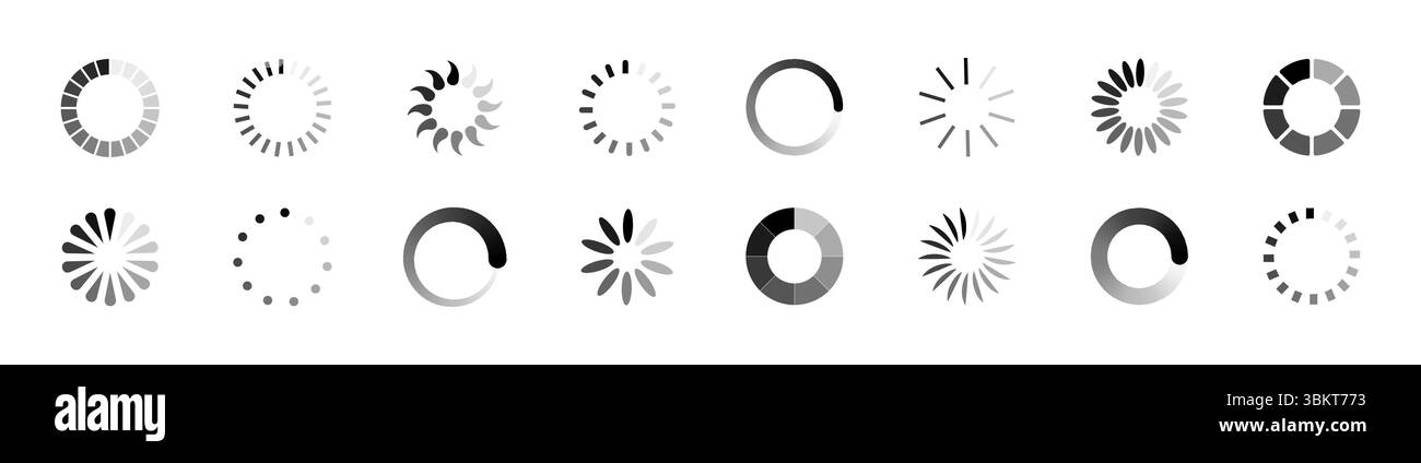 Icône de chargement, clic de la main du curseur, signe wifi, chargeur de tampon, jeu de vecteurs de barre de progression. Symbole de barre d'état de charge circulaire, indicateur de vitesse horizontale Illustration de Vecteur