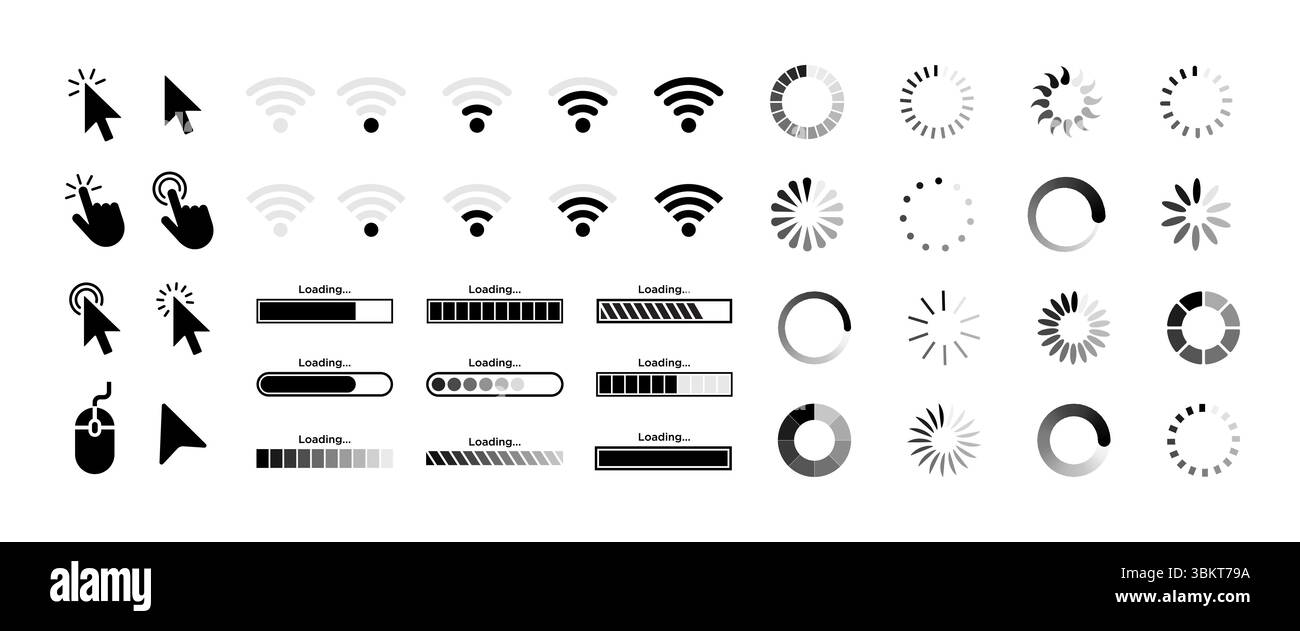 Icône de chargement, clic de la main du curseur, signe wifi, chargeur de tampon, jeu de vecteurs de barre de progression. Symbole de barre d'état de charge circulaire, indicateur de vitesse horizontale Illustration de Vecteur