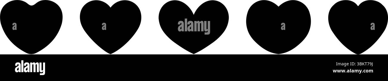 Les icônes de coeur définissent la couleur noire vectorielle, diverses formes simples de coeur plat. Signes d’amour, symbole isolé de la Saint-Valentin, silhouette de cœur. Illustration de Vecteur