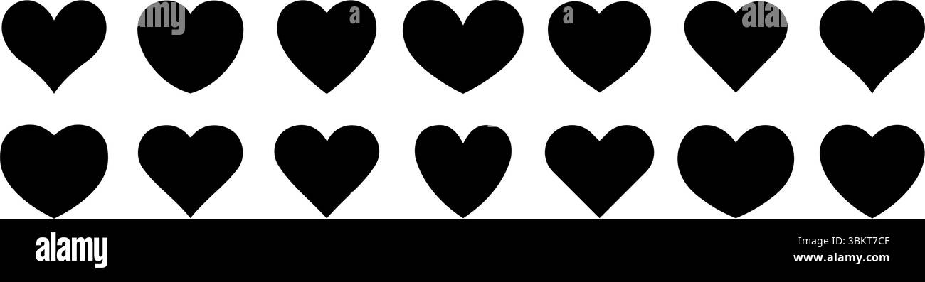 Les icônes de coeur définissent la couleur noire vectorielle, diverses formes simples de coeur plat. Signes d’amour, symbole isolé de la Saint-Valentin, silhouette de cœur. Illustration de Vecteur