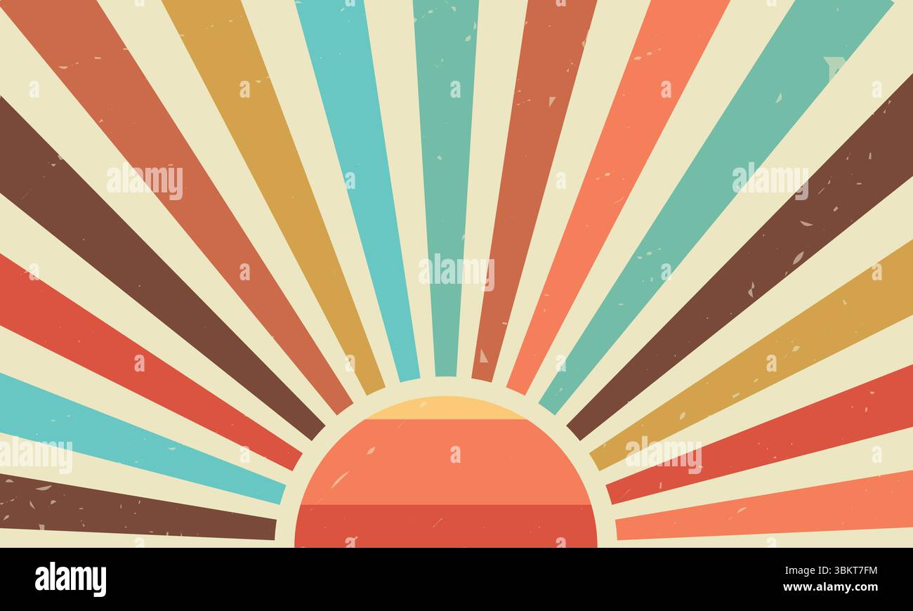 Rétro ondulé rayons de soleil Sunburst Sunshine radial tourbillon vintage grunge fond. Motif de texture vectorielle abstraite de bandes spirales radiales 70s. Illustration de Vecteur
