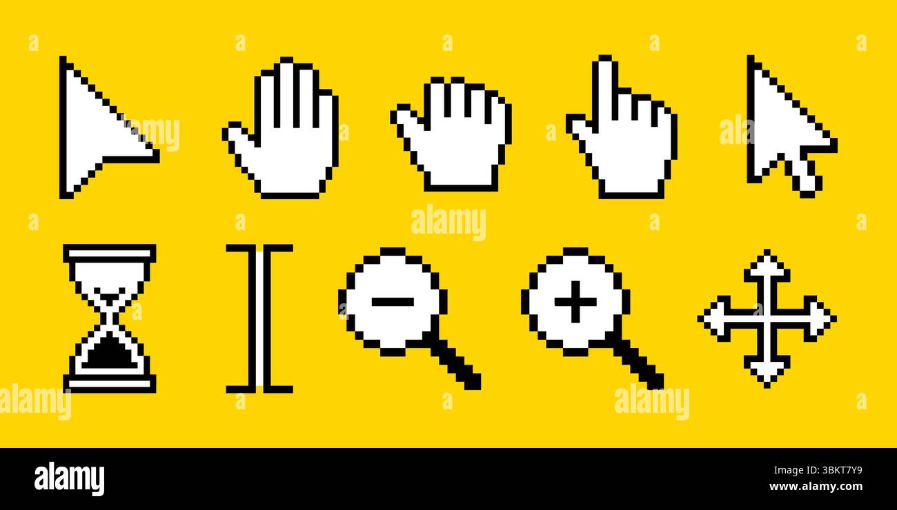 Jeu d'icônes de curseur de clic de pixel, différents curseurs d'ordinateur, clic à la main, sablier, loupe, zoom avant et arrière, déplacement, attente, travail, appuyez sur symbole Illustration de Vecteur