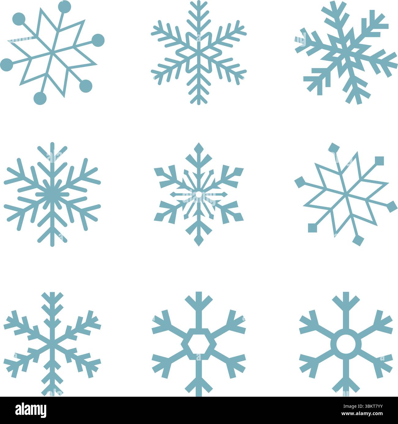Flocons de neige, flocons de neige de ligne mince paquet d'icônes simples, modèle de flocons de neige d'hiver, ensemble d'icônes de flocons de neige bleu, illustration vectorielle de flocons de neige. Illustration de Vecteur