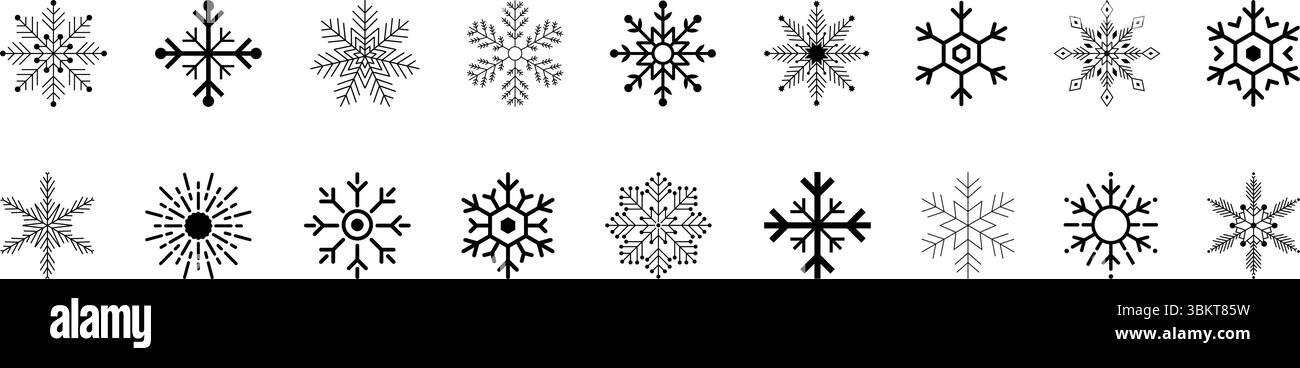 Flocons de neige, flocons de neige de ligne mince paquet d'icônes simples, modèle de flocons de neige d'hiver, ensemble d'icônes de flocons de neige bleu, illustration vectorielle de flocons de neige. Illustration de Vecteur