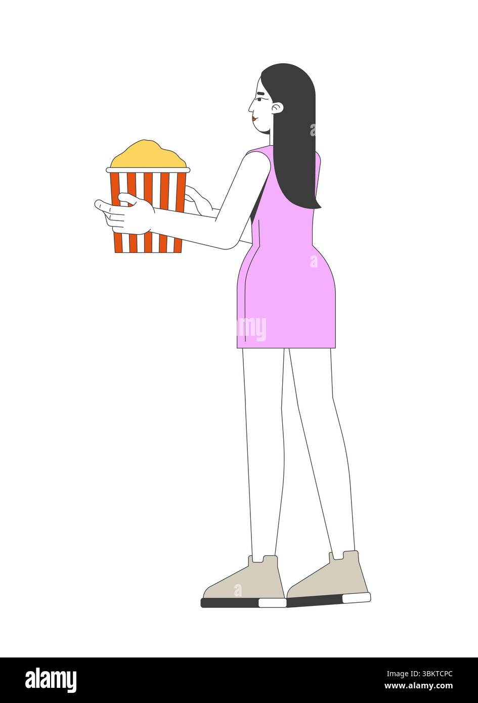 Femme asiatique aux cheveux longs dans une mini robe portant le seau de pop-corn personnage de dessin animé 2D. Illustration de Vecteur