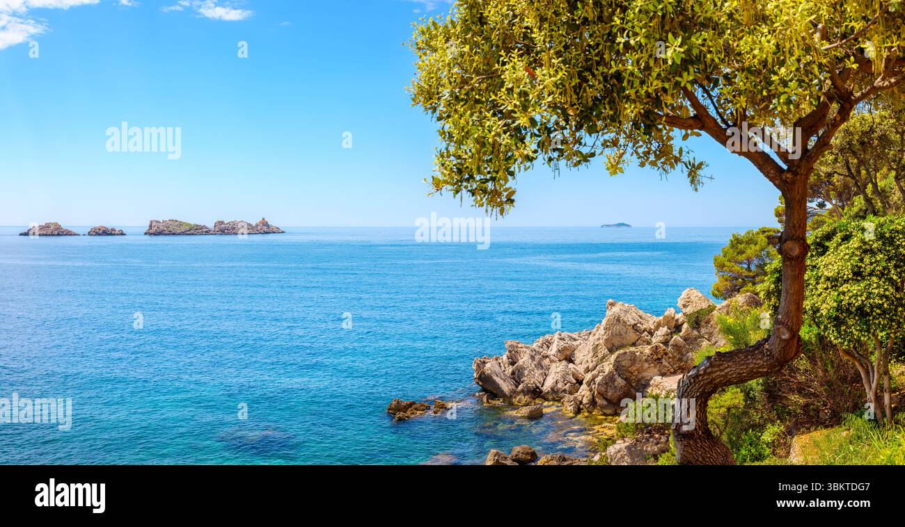 Vue panoramique sur le paysage marin et la côte rocheuse de la mer Adriatique. Dubrovnik, Croatie Banque D'Images