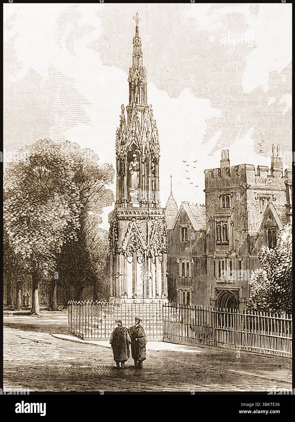 Une vieille vue du XIXe siècle du mémorial de la Croix des martyrs à Oxford commémorant trois martyrs protestants : Hugh Latimer, Nicholas Ridley et Thomas Cranmer qui ont été brûlés sur le bûcher au XVIe siècle pour hérésie. Calqué sur la croix de Waltham, il a été achevé en 1843. Le site réel des brûlures est marqué par une croix de pierres dans le sol Banque D'Images
