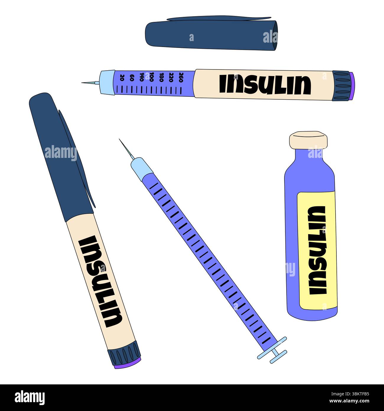 Ensemble de stylos à insuline, seringue et flacon - outils de traitement du diabète sucré pour le contrôle de la glycémie. Illustration médicale plate isolée sur dos blanc Illustration de Vecteur