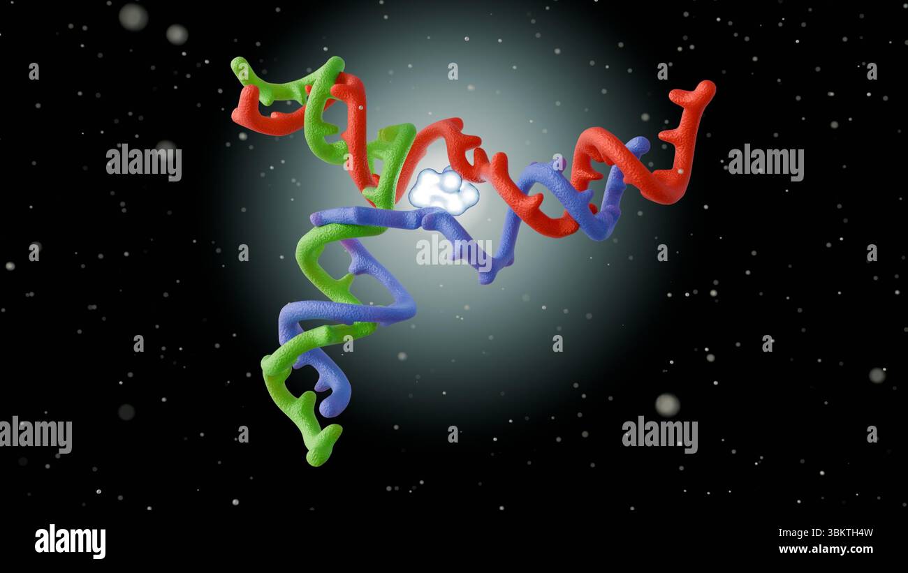 Un rendu 3D de la présence de particules illuminées concentrées spécifiquement dans le Nexus central de la jonction de l'ADN. Banque D'Images
