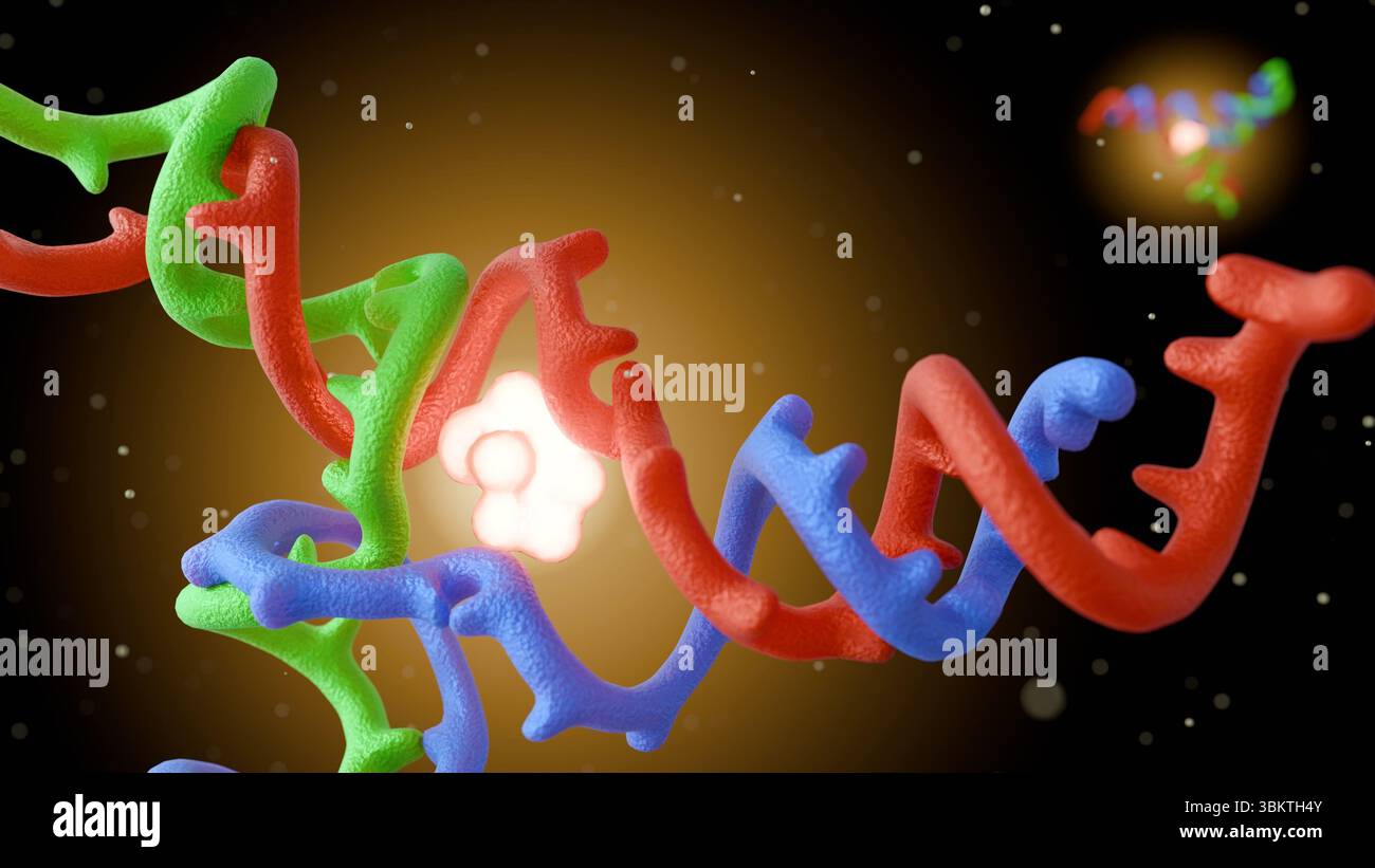 Un rendu 3D de la présence de particules illuminées concentrées spécifiquement dans le Nexus central de la jonction de l'ADN. Banque D'Images