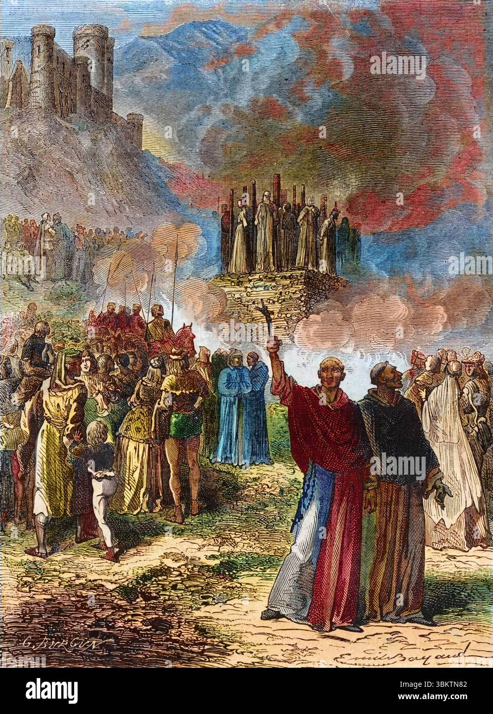 Hérétiques brûlés vifs : les derniers cathares défendant Monsegur sur le bûcher, lors de la croisade contre les Albigeois en France du XIIIe siècle, gravure Banque D'Images