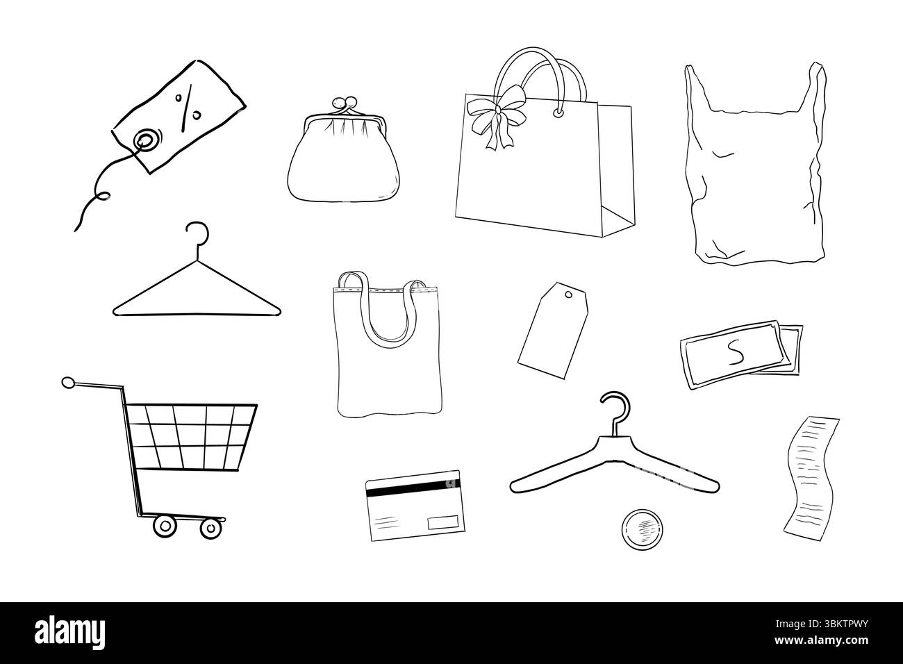 Doodle ensemble d'icônes d'achat panier, sac, panier, cadeau, coupon, illustrations de style croquis pour le commerce électronique, la vente, la livraison et les thèmes de magasin de mode. Isolé et mignon. Illustration vectorielle Illustration de Vecteur