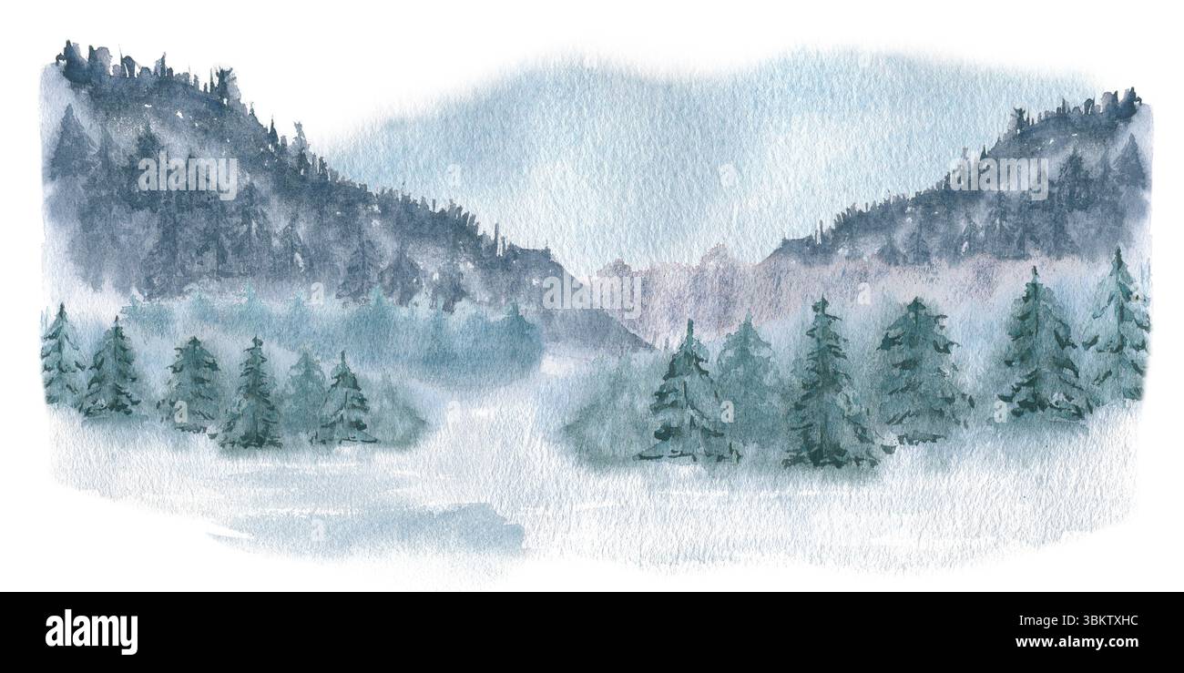 Paysage brumeux d'hiver avec des montagnes enneigées et des collines, forêts brumeuses de sapins à l'aquarelle silencieuse isolé. Scène Woodland monochrome peint à la main pour Banque D'Images