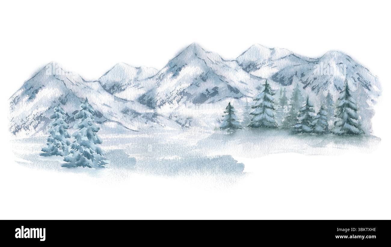 Pistes alpines enneigées avec des arbres enneigés épicéa, montagnes brumeuses illustration aquarelle douce isolée. Scène forestière hivernale monochrome dessinée à la main pour Banque D'Images