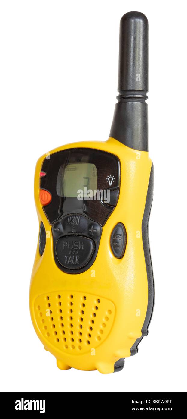 Isolé petit talkie walkie dans une couleur jaune vif pour rendre la recherche est plus facile à l'extérieur isolé sur un fond blanc. Banque D'Images