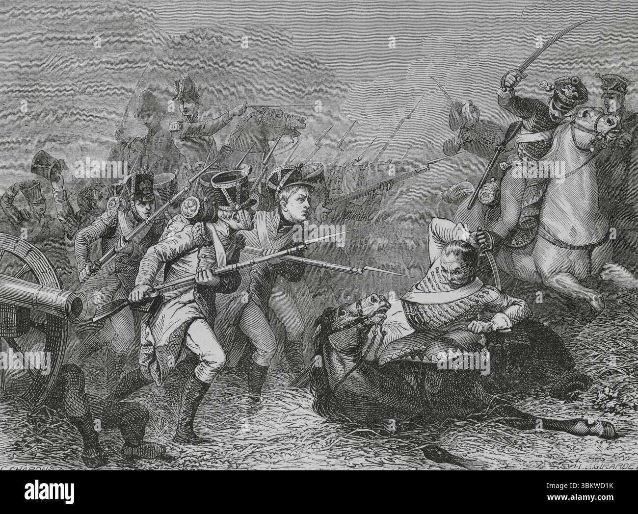 Bataille de Weissenfels (29 avril au 1er mai 1813). Affrontements entre les troupes de la sixième Coalition et l'armée française de Napoléon. Les conscrits de 1813 au combat de Weissenfels. Dessin de Girardet. Gravure par Chapon. Histoire du Consulat et de l'Empire, par A. Thiers. Volume IV. publié à Barcelone, 1879. Banque D'Images