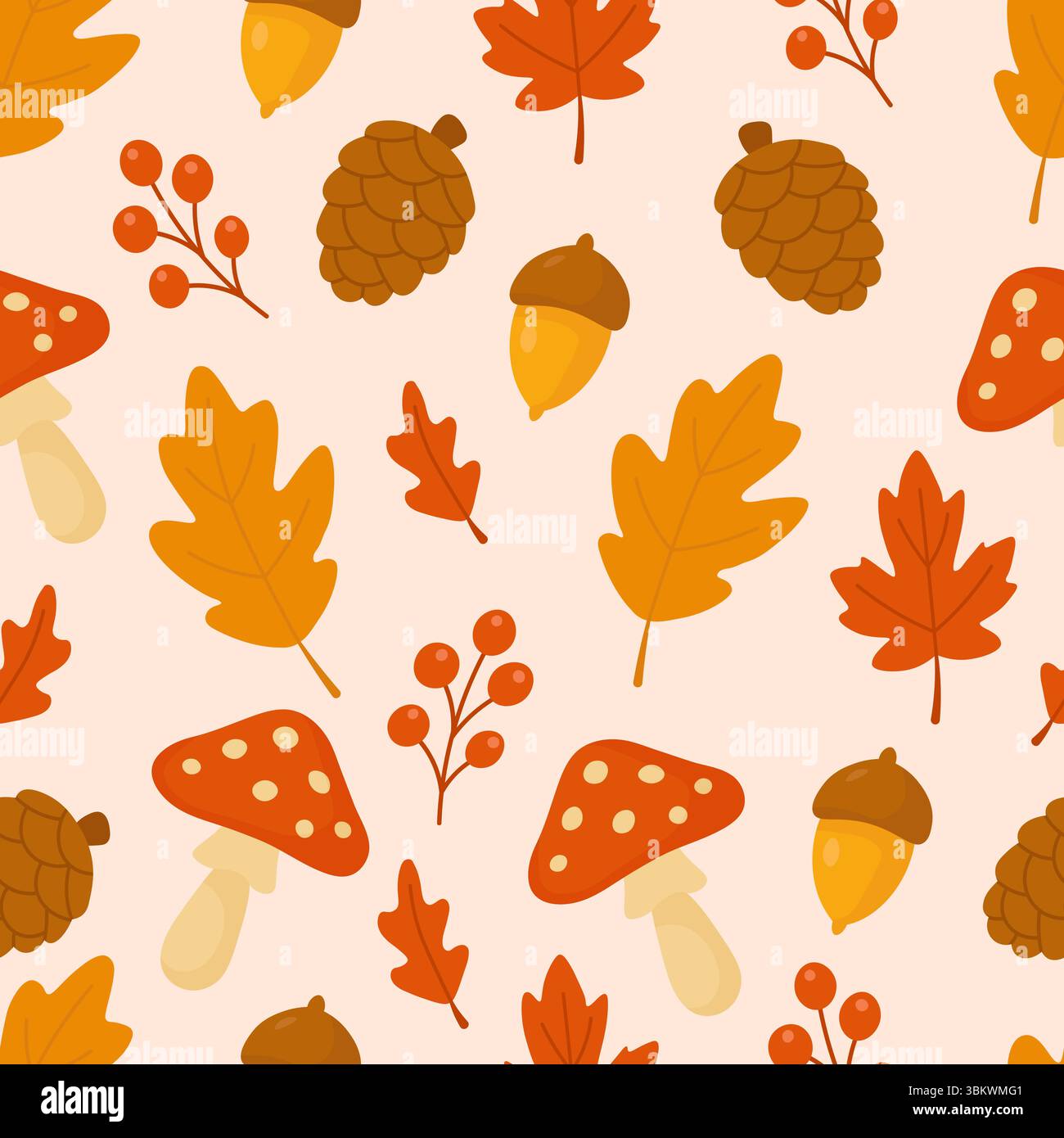 Modèle d'automne sans couture avec des feuilles de chêne, des champignons rouges, des pommes de pin, des glands et des baies dans des couleurs chaudes d'automne Illustration de Vecteur