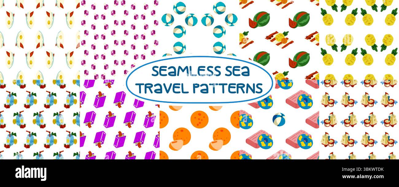 Une collection de 10 motifs de style dessin animé sans couture avec des éléments de vacances d'été planches de surf, jouets de plage, fruits, boissons, valises, collations et playfu Illustration de Vecteur