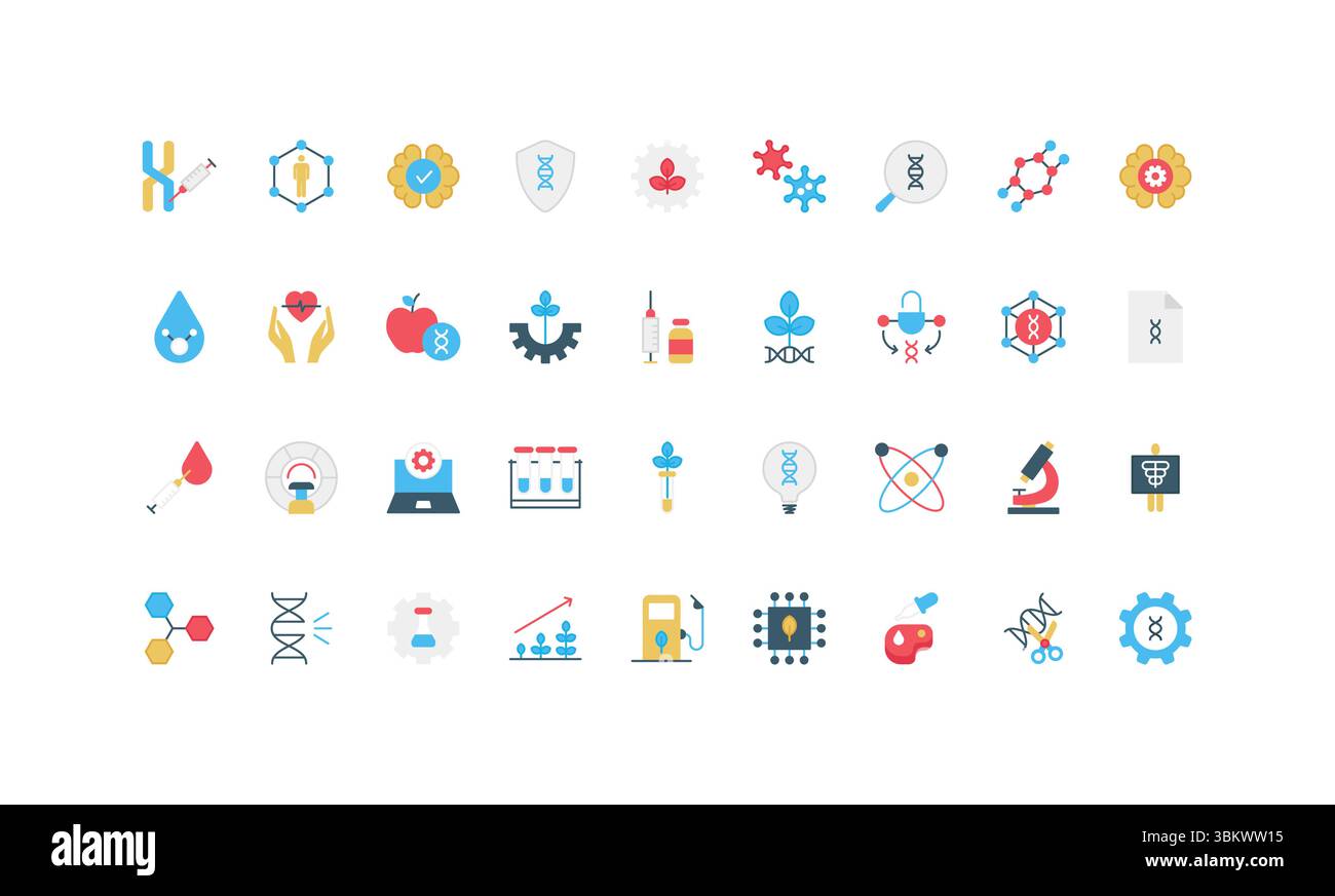 Recherche en laboratoire de biotechnologie et de chimie, manipulation avec l'ADN et l'ensemble d'icônes de couleur de protection des chromosomes. Viande à base de plantes, idée de biochimie et microbiologie, illustration vectorielle plate d'invention Illustration de Vecteur