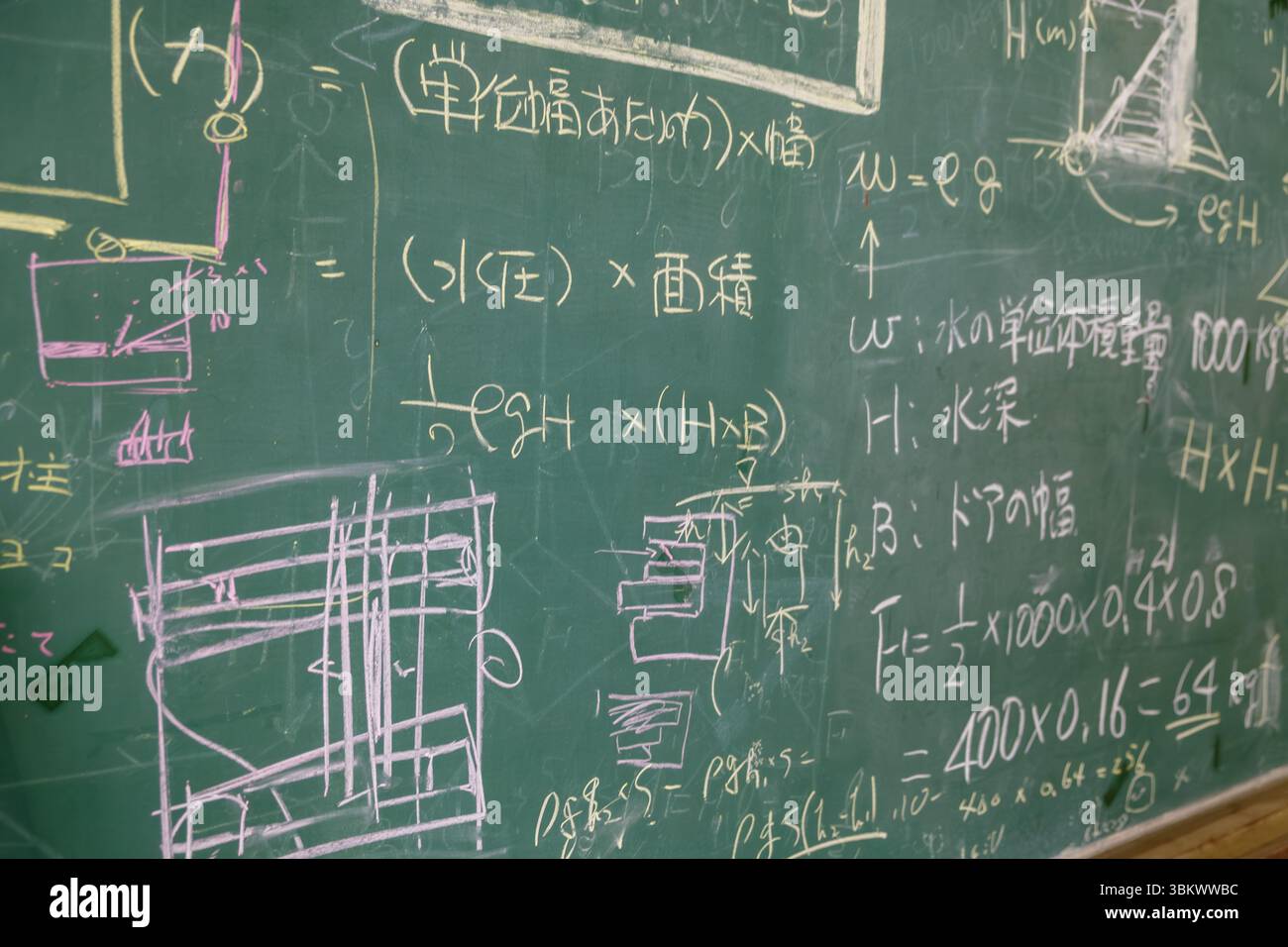 Des équations et des diagrammes de physique détaillés couvrent un tableau vert, utilisé pour enseigner ou résoudre des problèmes d'ingénierie. Banque D'Images