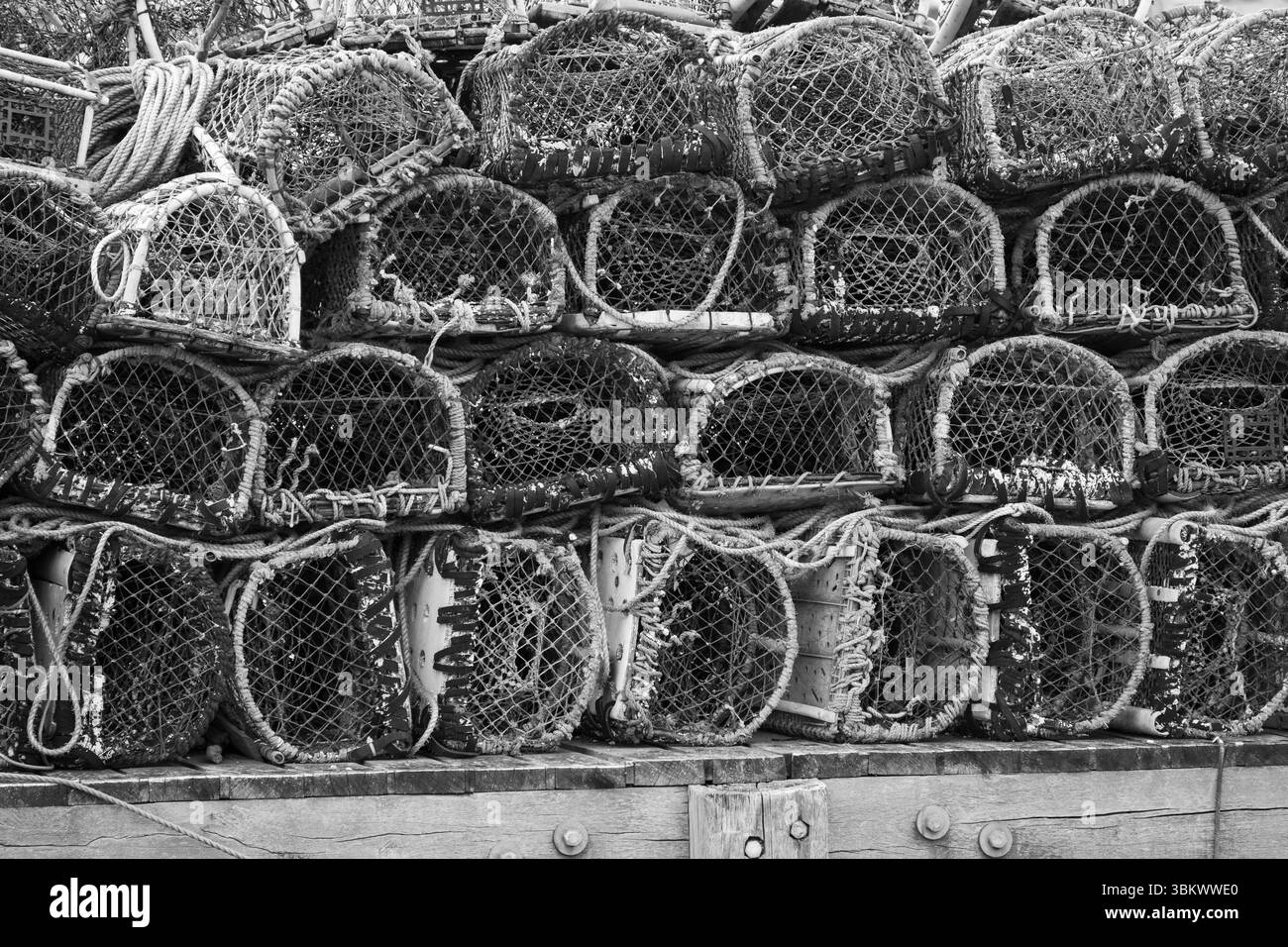 Image monochrome de Lobsterpots sur Quayside Banque D'Images