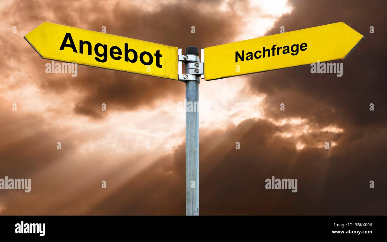 Angebot und Nachfrage Ein Wegweiser ist beschriftet mit dem Aufdruck Angebot und Nachfrage, FOTOMONTAGE *** offre et demande Un panneau est étiqueté wi Banque D'Images