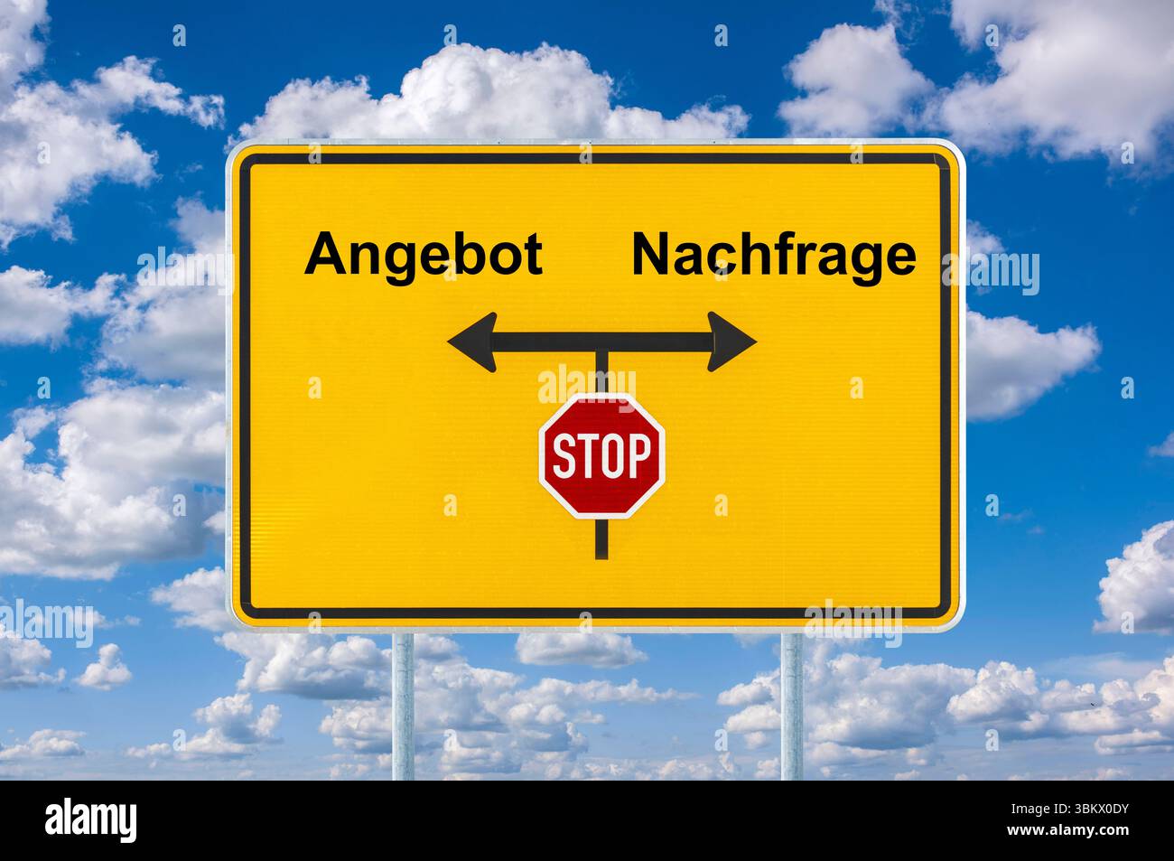 Angebot und Nachfrage Ein Wegweiser ist beschriftet mit dem Aufdruck Angebot und Nachfrage, FOTOMONTAGE *** offre et demande Un panneau est étiqueté wi Banque D'Images