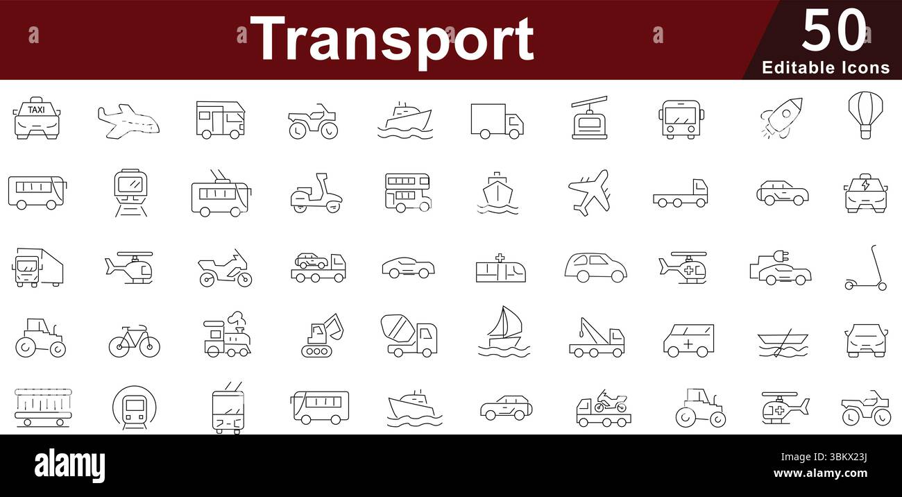Ensemble d'icônes de transport et de ligne de véhicules - vecteur de voyage, livraison, logistique, transport et mobilité. Contour modifiable Illustration de Vecteur