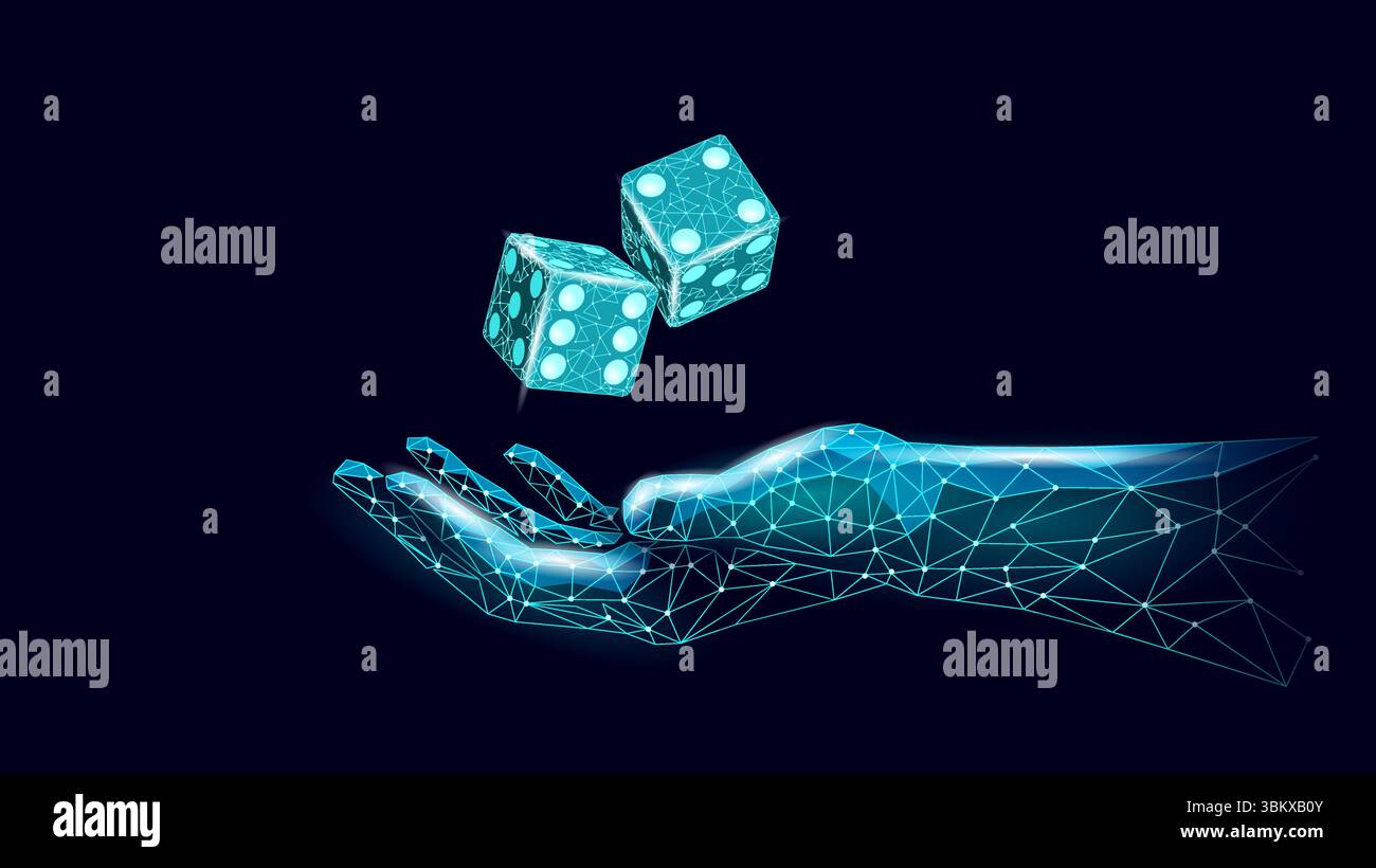 Lance des dés brillants à la main. Concept de divertissement à faible risque de chance de polygone polygonal. Jeux de casino de jeux de hasard Paris entreprise de prédiction. Bleu foncé Illustration de Vecteur