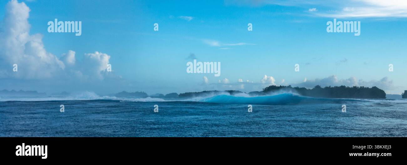 Une vue panoramique d'une vague qui se brise près d'une île, mettant en valeur la puissance et la beauté de la nature. Banque D'Images Une vue panoramique d'une vague qui se brise près d'une île, mettant en valeur la puissance et la beauté de la nature. Banque D'Images