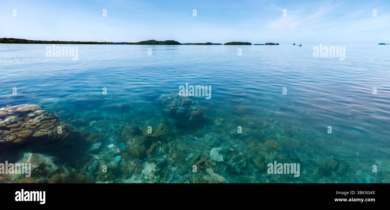 Une vue sereine des eaux bleues claires révélant le monde sous-marin, avec des îles lointaines parsemant l'horizon sous un ciel lumineux. Banque D'Images