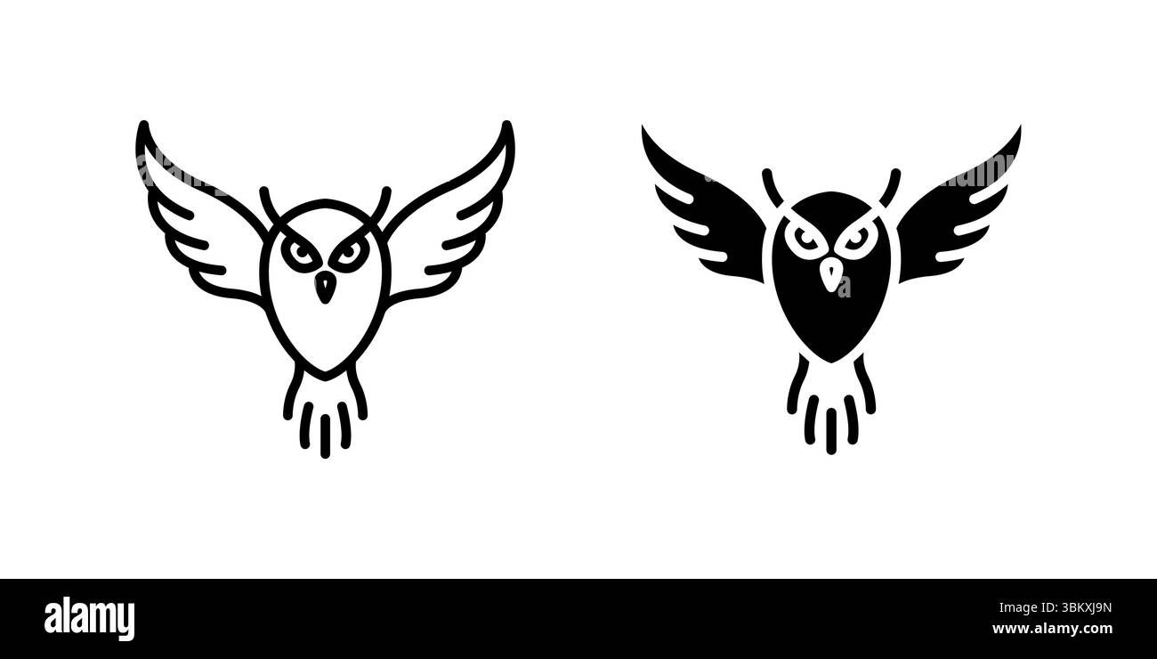 Majestueuse icône de hibou volant vue de face, symbolisant la sagesse, la connaissance et les animaux nocturnes. Idéal pour l'éducation, la nature et le mystère Illustration de Vecteur
