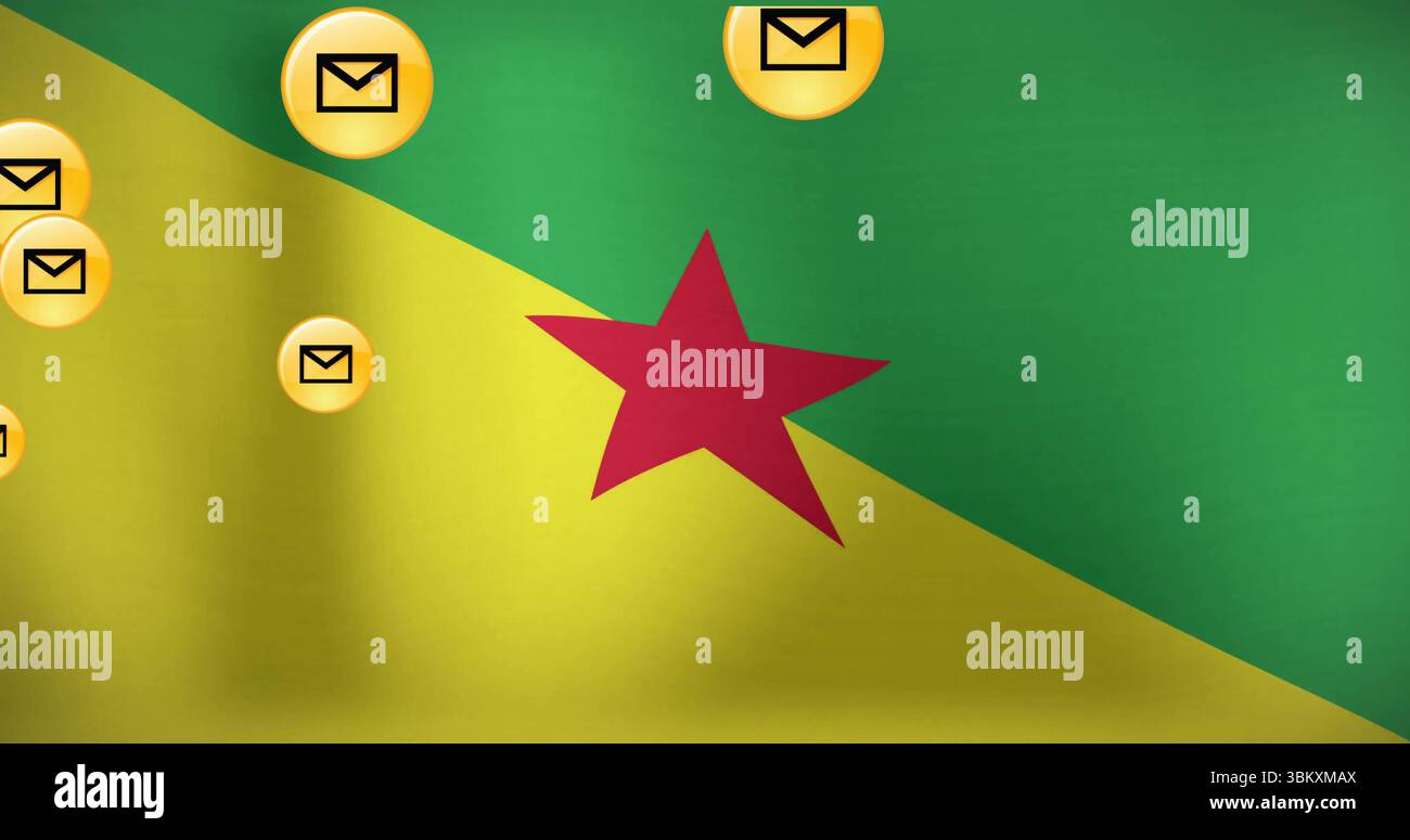 Drapeau de la Guyane française avec étoile rouge dans l'art numérique, icônes d'enveloppe circulaire dorée Banque D'Images