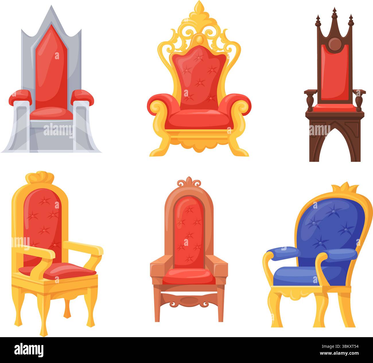 Trônes royaux de dessins animés. King chaise queen trône empereur siège antique fauteuil de luxe médiéval Royaume jeu de conte de fées objet de royauté ancien château prestige, illustration vectorielle soignée illustration originale Illustration de Vecteur