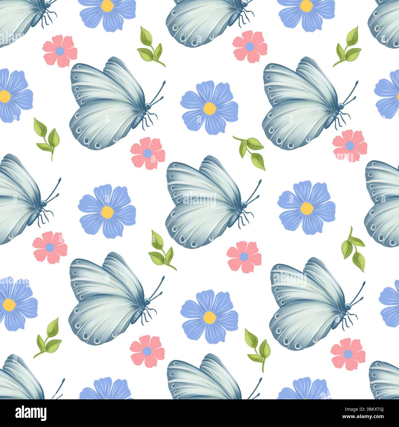 Motif aquarelle sans couture avec des papillons blancs, des fleurs bleues et roses et des branches vertes. Design doux et délicat pour les textiles, décor de pépinière Banque D'Images