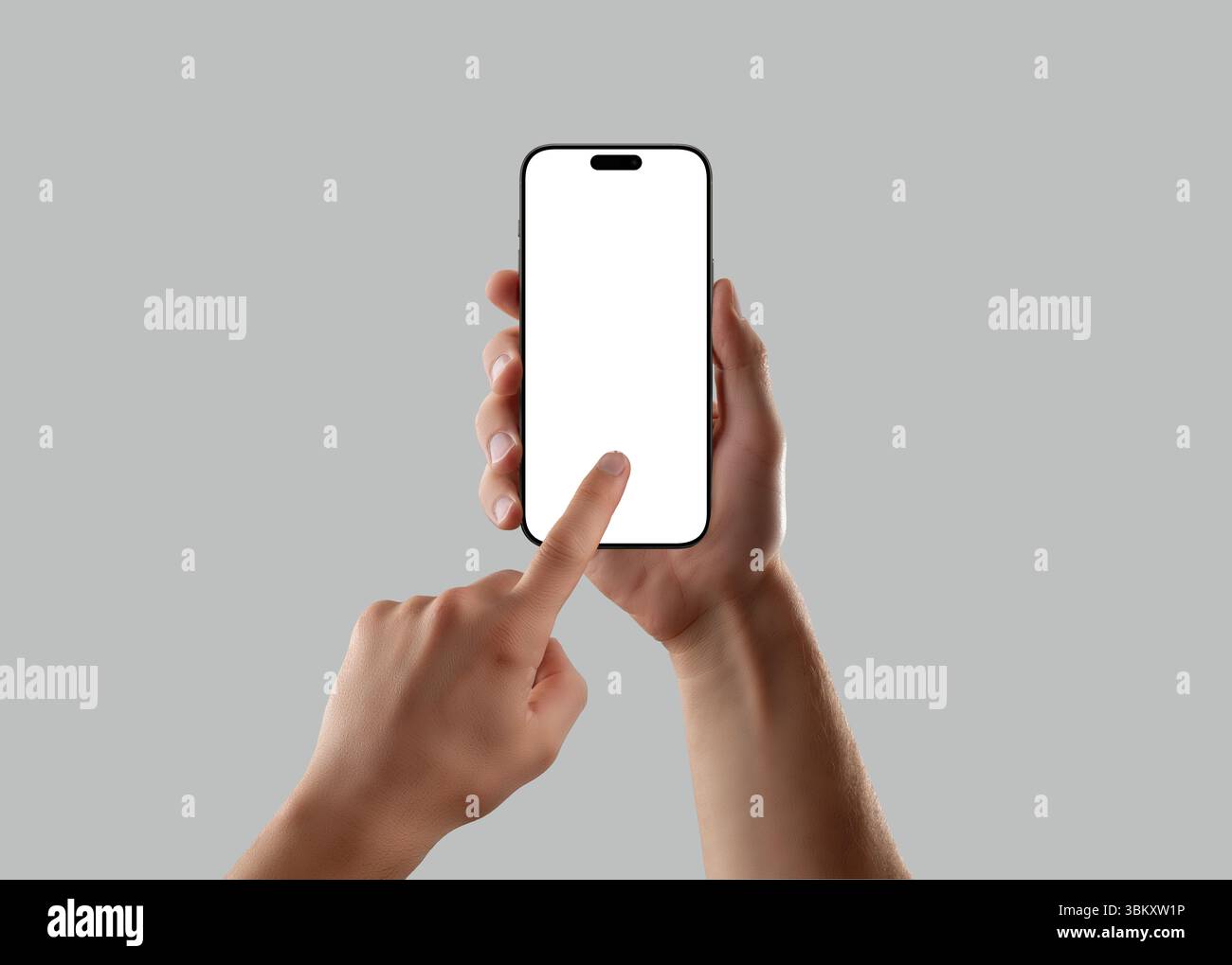 Main d'homme tenant smartphone avec écran vierge et geste tactile du doigt sur fond gris. Maquette parfaite pour la conception d'applications, le test d'interface utilisateur ou l'interface mobile Banque D'Images