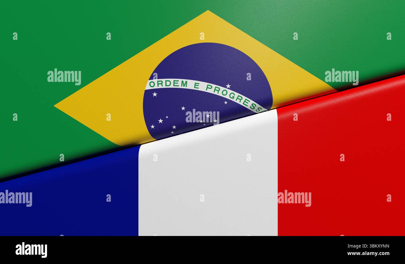 Drapeaux du Brésil et de la France ensemble - rendu 3D. Banque D'Images
