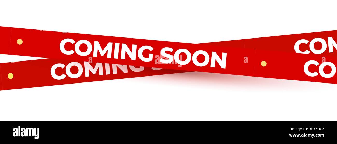 Bientôt disponible Red Banner Tape Stripe pour ouverture de boutique, lancement de soldes, avis de vente au détail, publicité de magasin, teaser de campagne, arrivée des produits, mise en page marketing. Produit Illustration de Vecteur
