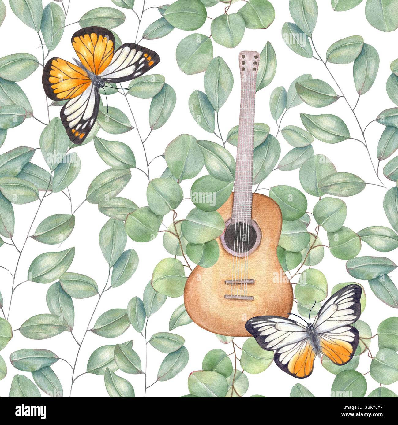 aquarelle modèle sans couture avec guitare acoustique, papillons flottant, et branches d'eucalyptus arrière-plan isolé. Instrument de musique à cordes Banque D'Images
