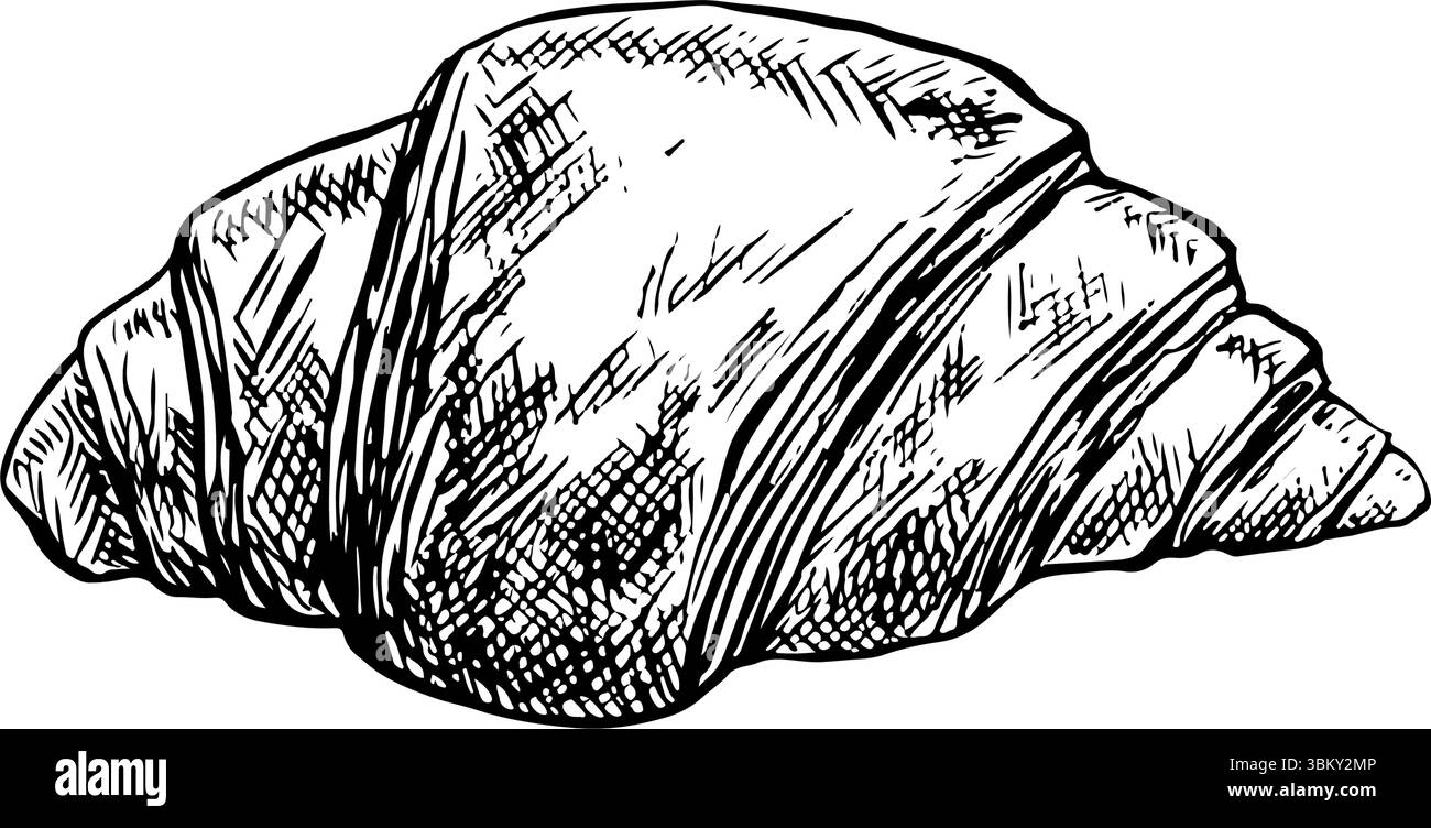 Un croissant. Illustration graphique vectorielle en noir et blanc dessinée à la main. Isolez sur un fond blanc. Pâte à la farine, un pain en forme de croissant fait de feuilleté Illustration de Vecteur