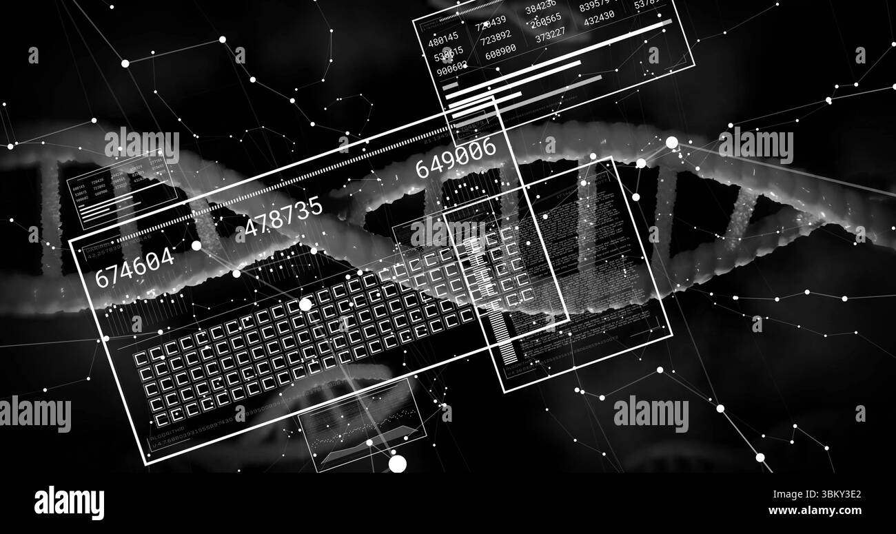Panneaux de code translucides et ADN Helix superposant le clavier dans le laboratoire sombre, avec des nœuds de réseau Banque D'Images