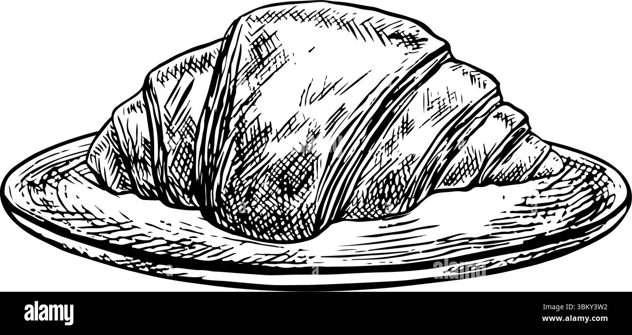 Croissant sur une soucoupe. Illustration vectorielle dessinée à la main en noir et blanc. Isolez sur un fond blanc. Pâte à farine, un pain en forme de croissant fait de feuilleté Illustration de Vecteur