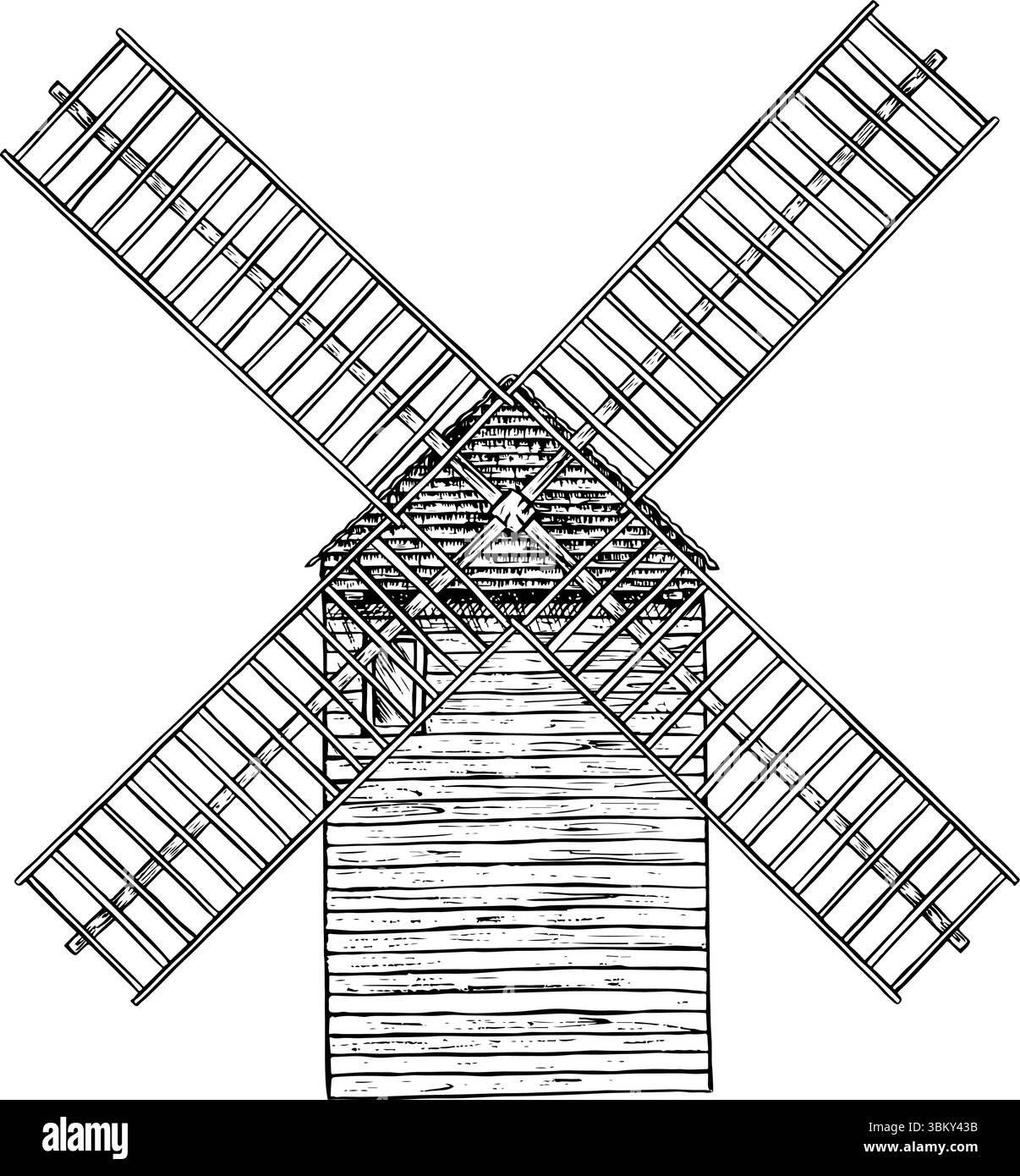 Le Moulin de la galette. Illustration graphique vectorielle en noir et blanc, dessinée à la main. Un moulin à vent situé dans la partie supérieure du quartier Montmartre en Illustration de Vecteur