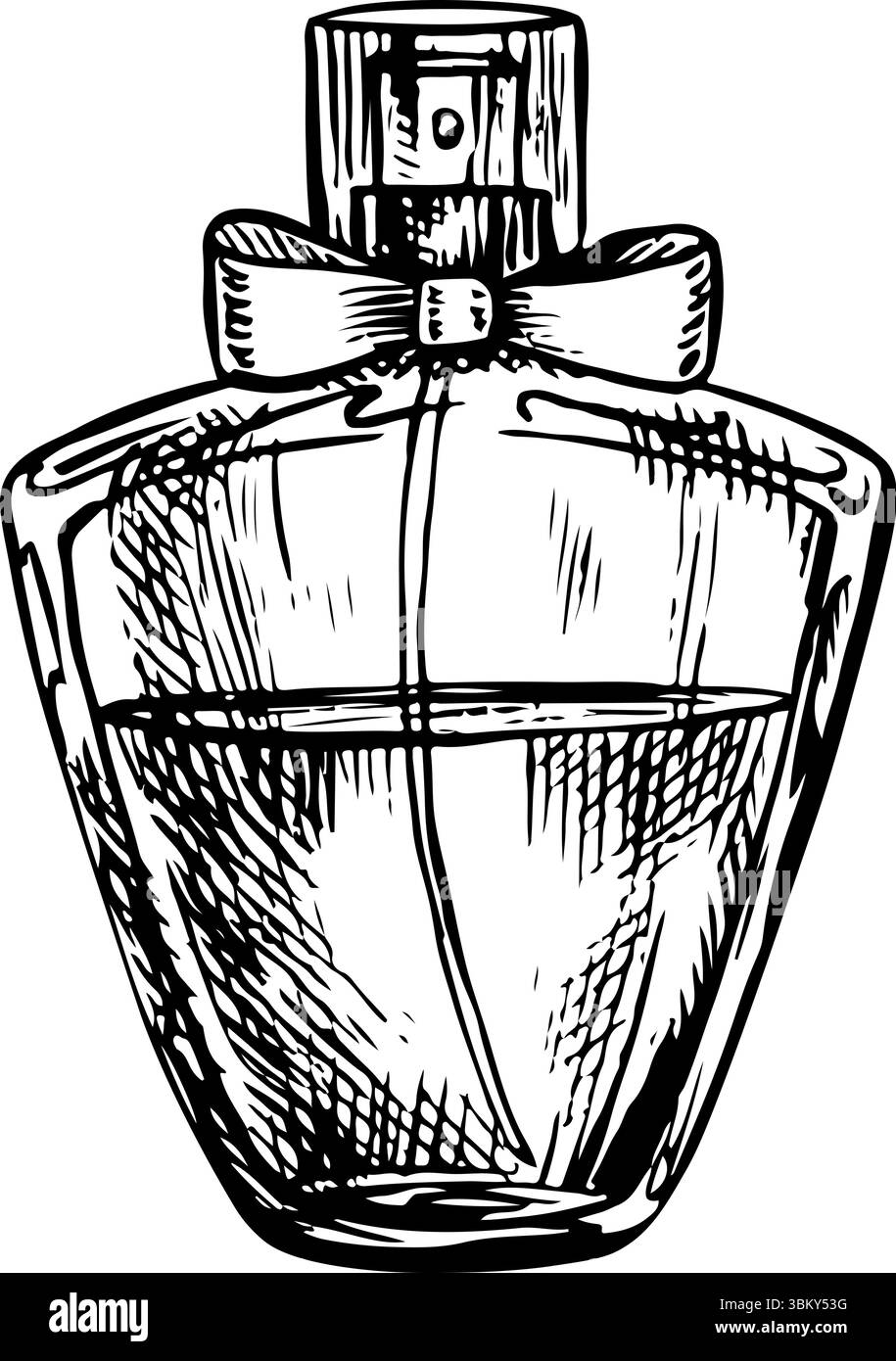 Bouteille de parfum en verre transparent. Beauté et mode. Une illustration vectorielle en noir et blanc réalisée à la main. Un élément de conception. Isoler sur un Illustration de Vecteur