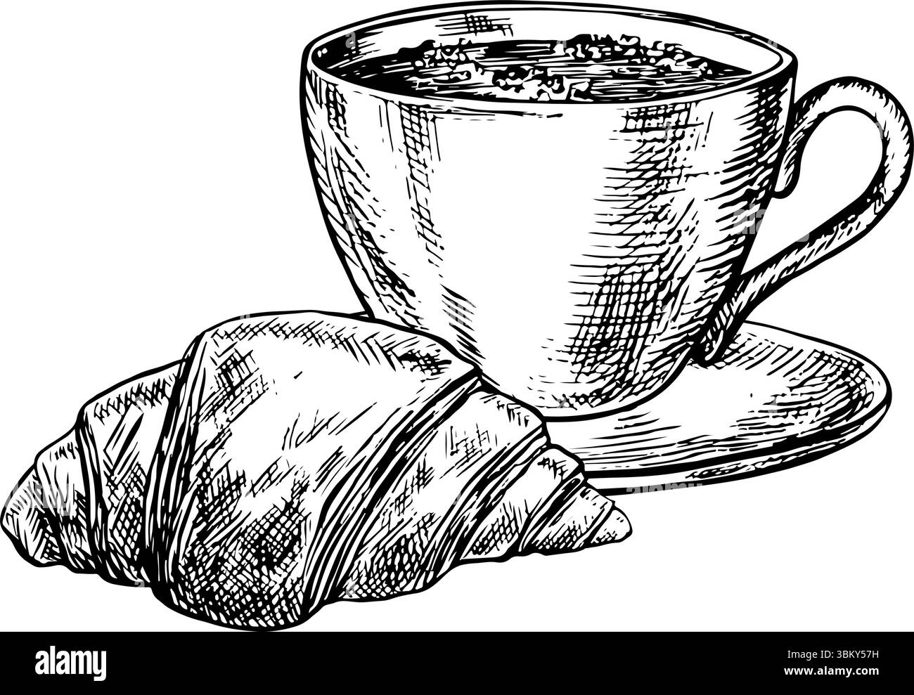 Une tasse de café et un pain français croissant. Illustration vectorielle dessinée à la main en noir et blanc. Isolez sur un fond blanc. Pour les emballages, logos et Illustration de Vecteur
