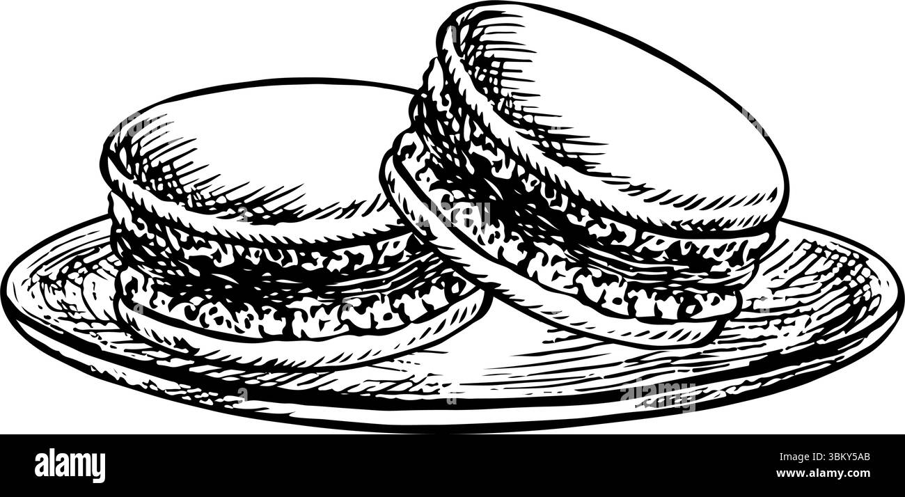 Biscuits macarons français sur une soucoupe. Graphiques vectoriels, illustration dessinée à la main en noir et blanc. Mettez-le en surbrillance sur un fond blanc. Amande Illustration de Vecteur