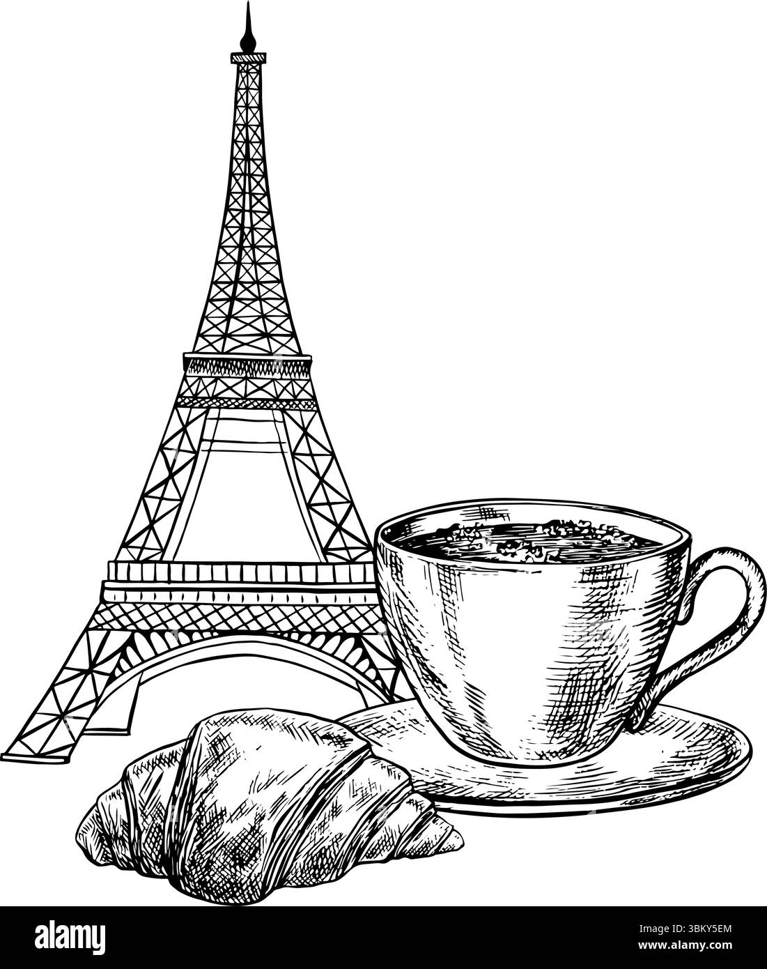 Une tasse de café et un pain croissant français sur le fond de la Tour Eiffel. Illustration vectorielle dessinée à la main en noir et blanc. Sur un blanc Illustration de Vecteur
