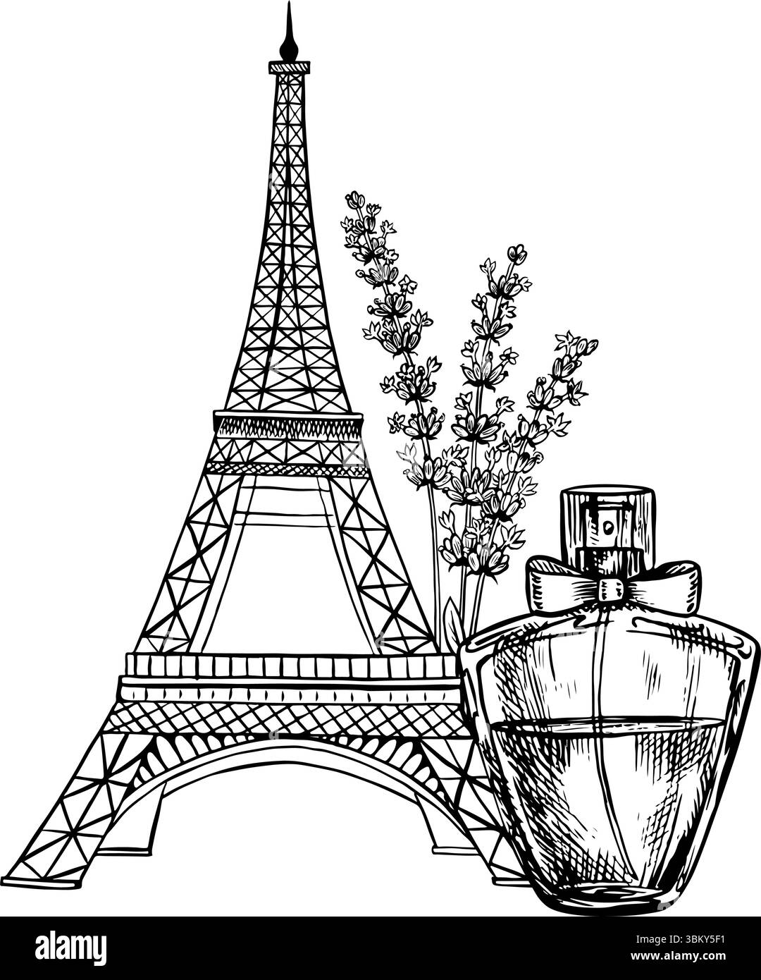 Flacon de parfum avec fleurs de lavande et Tour Eiffel. Illustration vectorielle noir et blanc faite à la main dans un style graphique. Parfumez avec le parfum Illustration de Vecteur