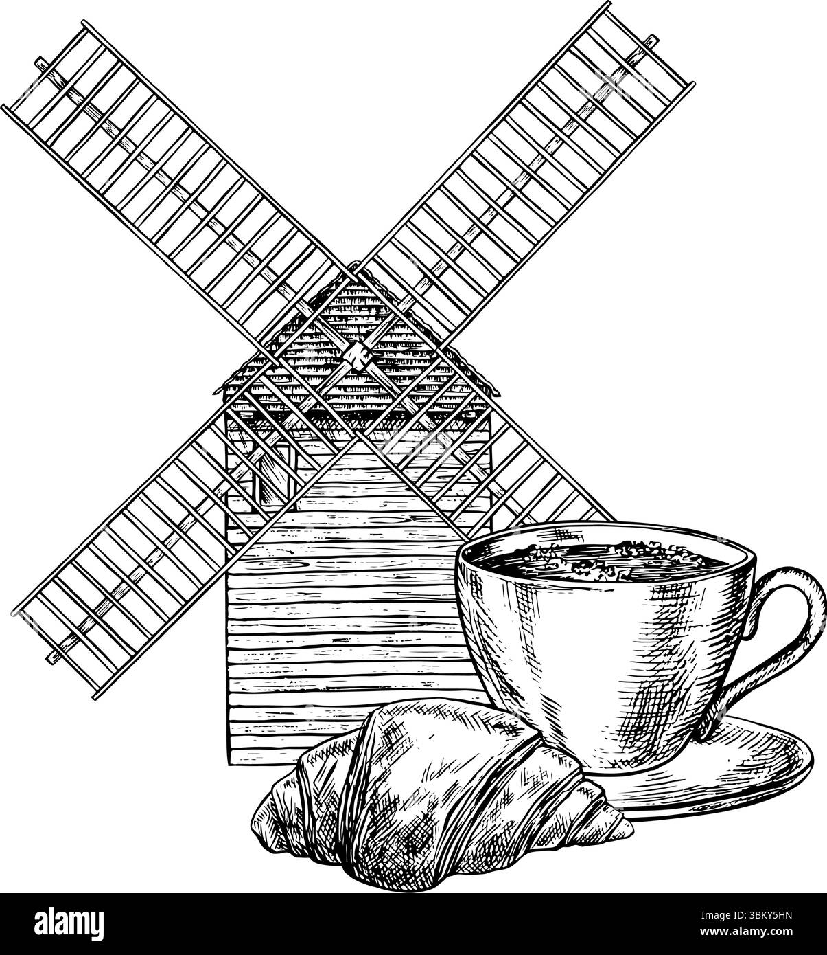 Une tasse de café et de viennoiseries françaises avec un croissant en arrière-plan du Moulin de la galette. Illustration vectorielle en noir et blanc dessinée à la main Illustration de Vecteur
