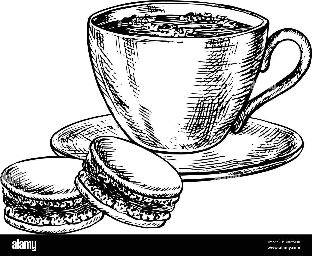 Une tasse de café et de macarons. Illustration vectorielle dessinée à la main en noir et blanc. Isolez sur un fond blanc. Cuisine française. Pour les emballages, logos et Illustration de Vecteur
